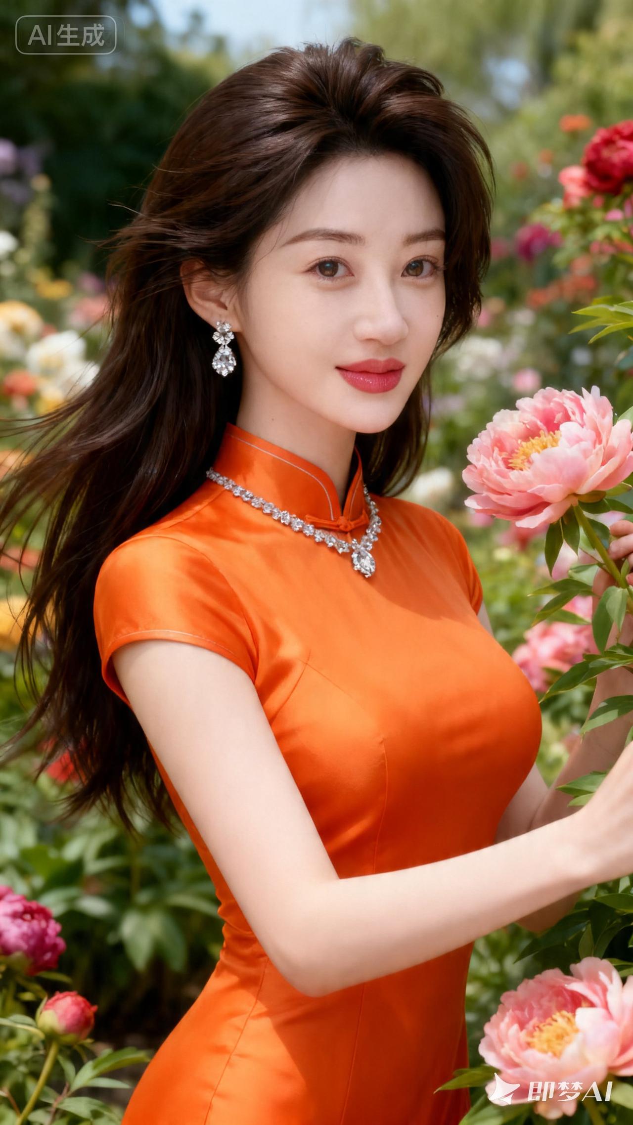 优雅橙装，花海中的东方美人