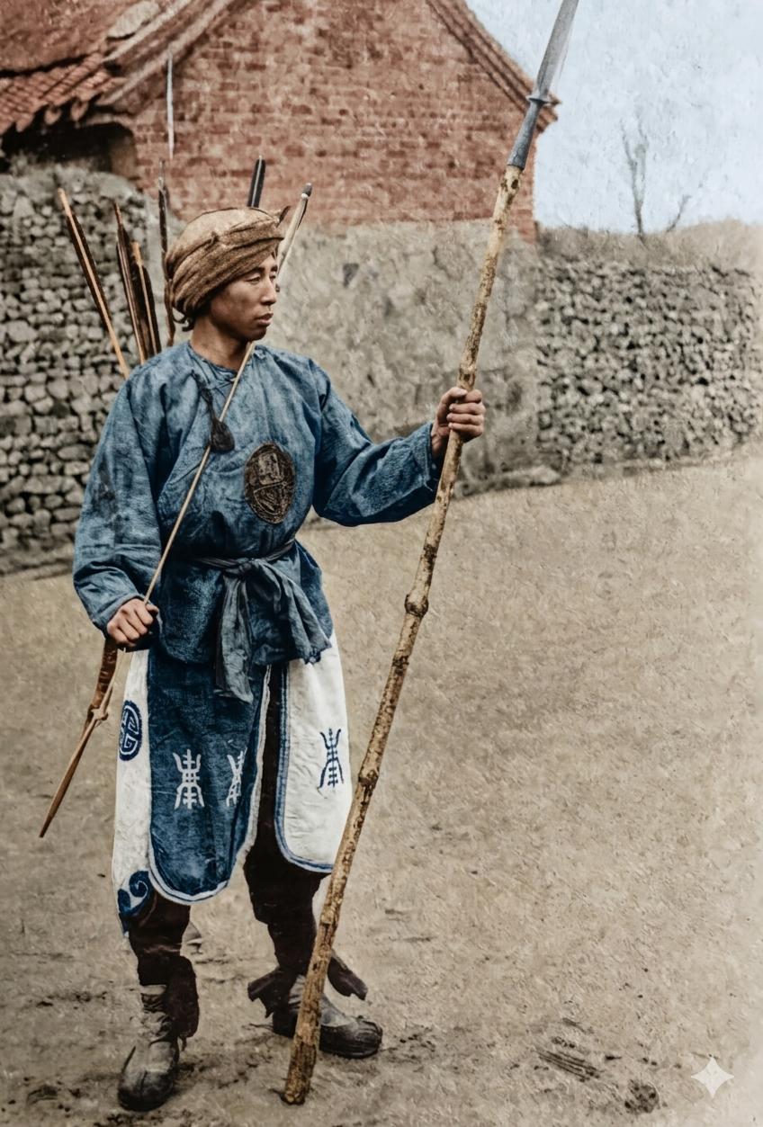 晚清时期，一男子布巾缠头，身着一身粗布窄袖武士短袄，衣料粗朴坚韧，脚穿传统手工布