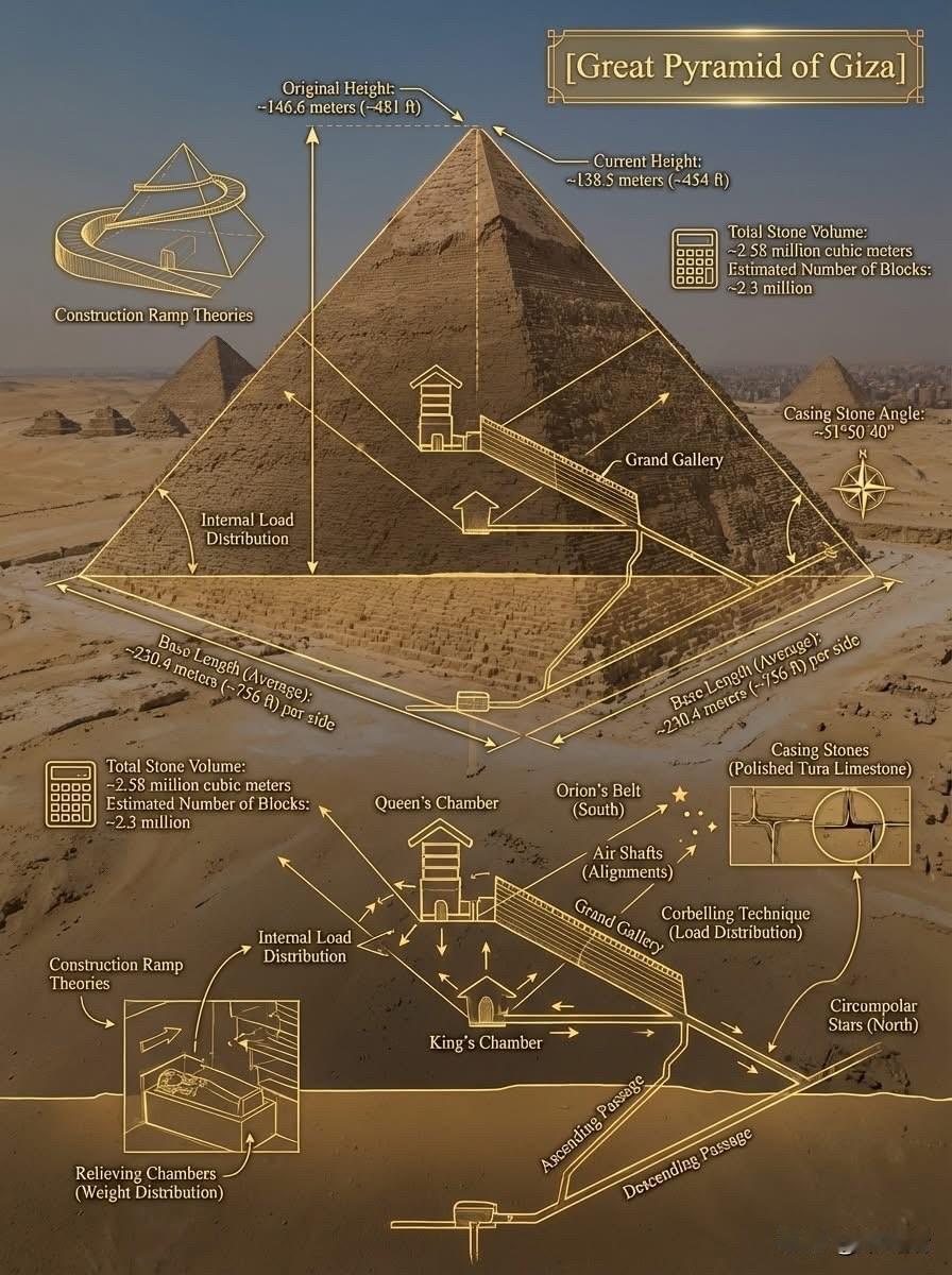 这张图片展示了埃及吉萨大金字塔（胡夫金字塔）的详细信息，包括其物理尺寸、内部结构