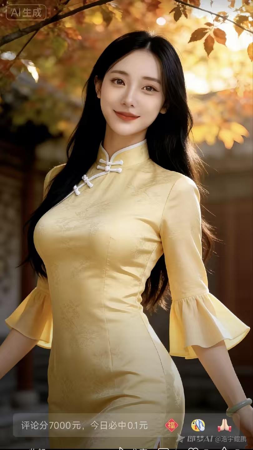 水仙子·秋日旗袍美人秋阳暖暖落金裳，旗袍佳人画卷长。剪裁贴体娇姿漾，盈盈