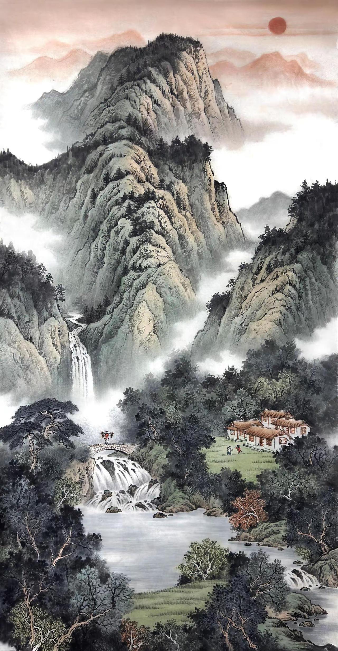 旭日山居图。四尺山水创作者中心创作灵感意境山水画山水清音图