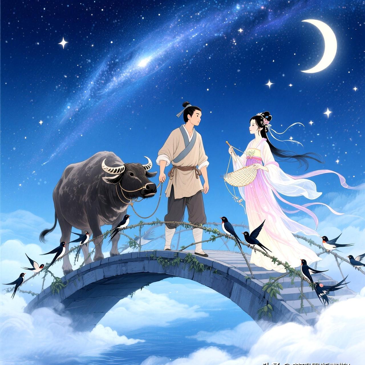 鹊桥会8/18/七/初六/阴/早安又是一年七夕节，织女遥望河对岸。郎挑儿
