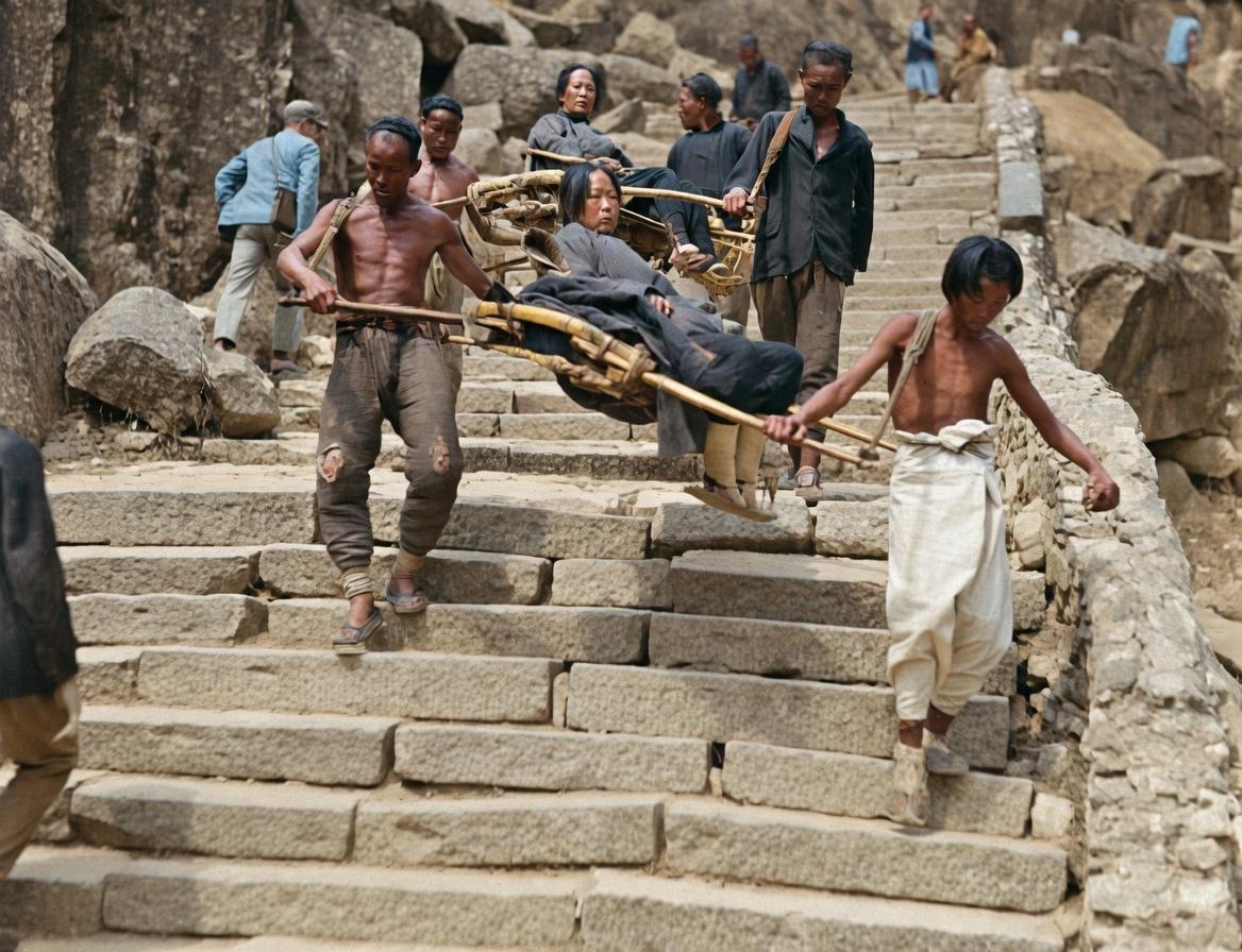 1919年，山东泰山登山古道，轿夫抬着拜神归来的女性信众沿陡峭石阶下山。女性信众