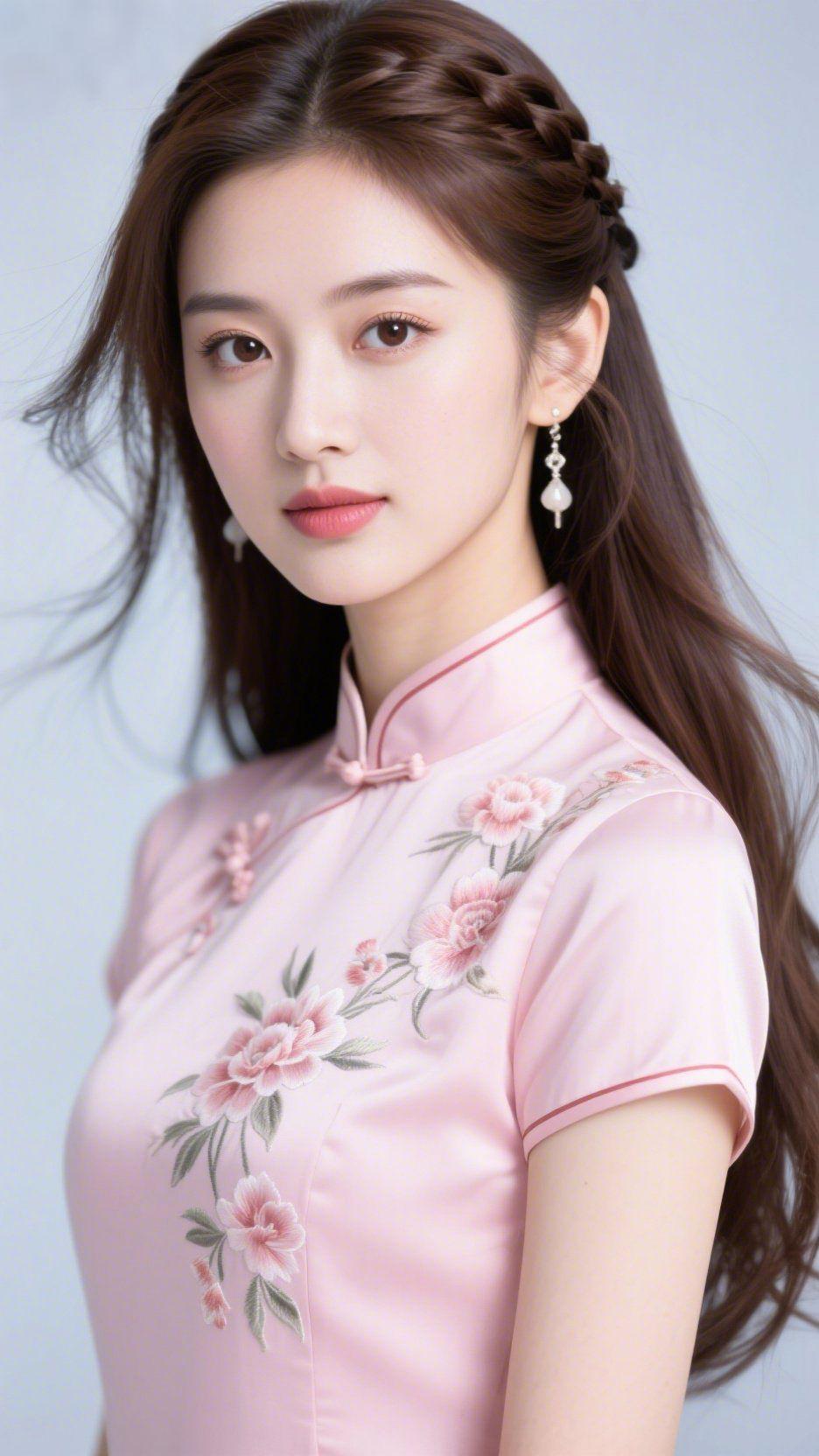 粉襟畔的柔花风浅粉旗袍裹着温软的光，襟边绣纹里的花簇像沾了晨露的春枝，风掠