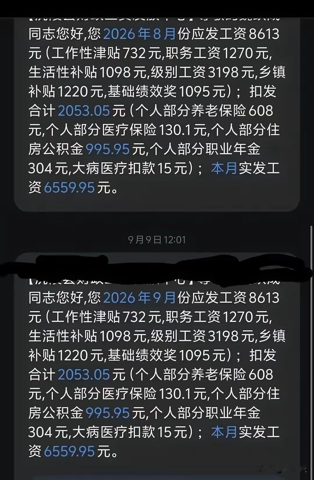 一位在乡镇工作的体制内人员公布了自己的收入:应发工资8613元，扣除社保，医