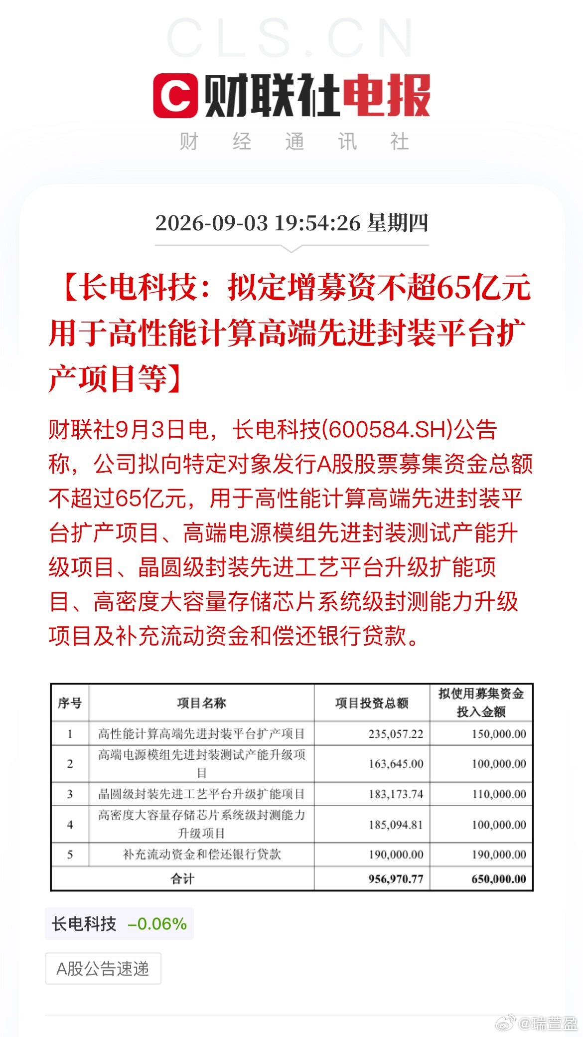 封测龙头长电科技拟定增最多融资65亿，资金用来扩产AI、HBM、存储芯片高端封装
