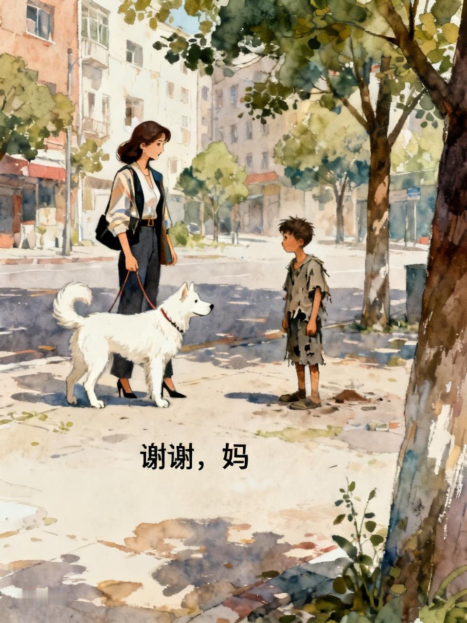 富婆牵着心爱的狗狗在路边悠然散步，正巧迎面走来一个小乞丐。富婆瞬间爱心泛滥，对小