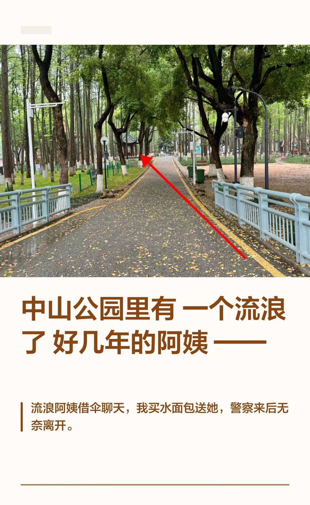 中山公园里有一个流浪了好几年的阿姨——一位54岁的鄂州阿姨因生活困难在外流浪，