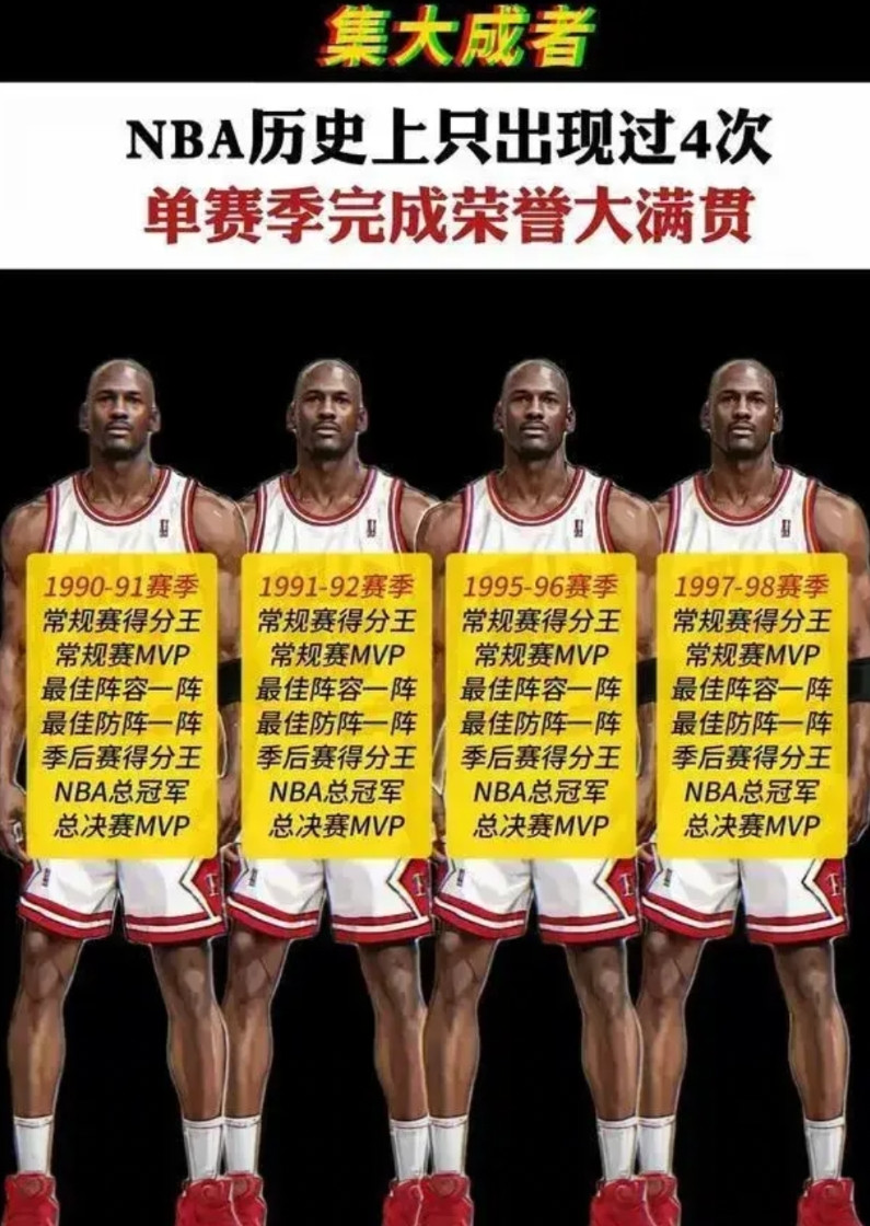 NBA真正意义上大满贯集大成者！历史上只出现过4次！有意思的是，这4次都被乔丹一
