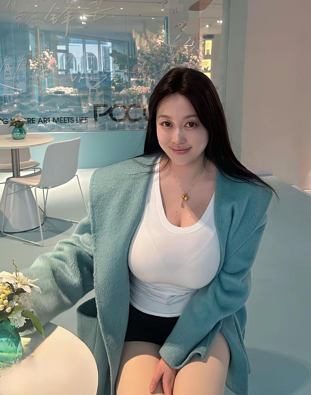 一位女士坐在咖啡馆里微笑。