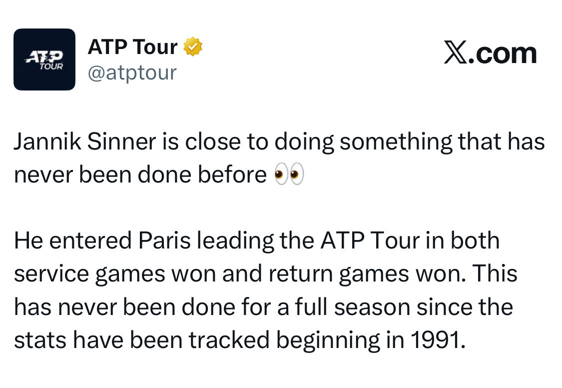 来自ATP的数据，辛纳很有希望在本赛季创造一项罕见成就——单赛季发球局胜率和接发