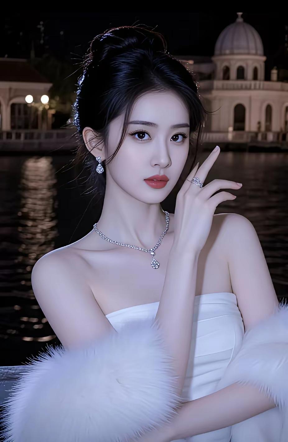 夜晚的优雅，白裙与珍珠的完美结合