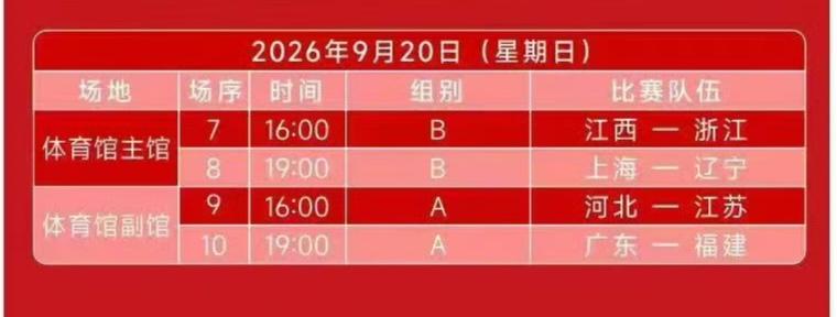 9月20日女排全锦赛四场比赛安排江苏女排首秀9月20日（周日）女排全锦赛第二