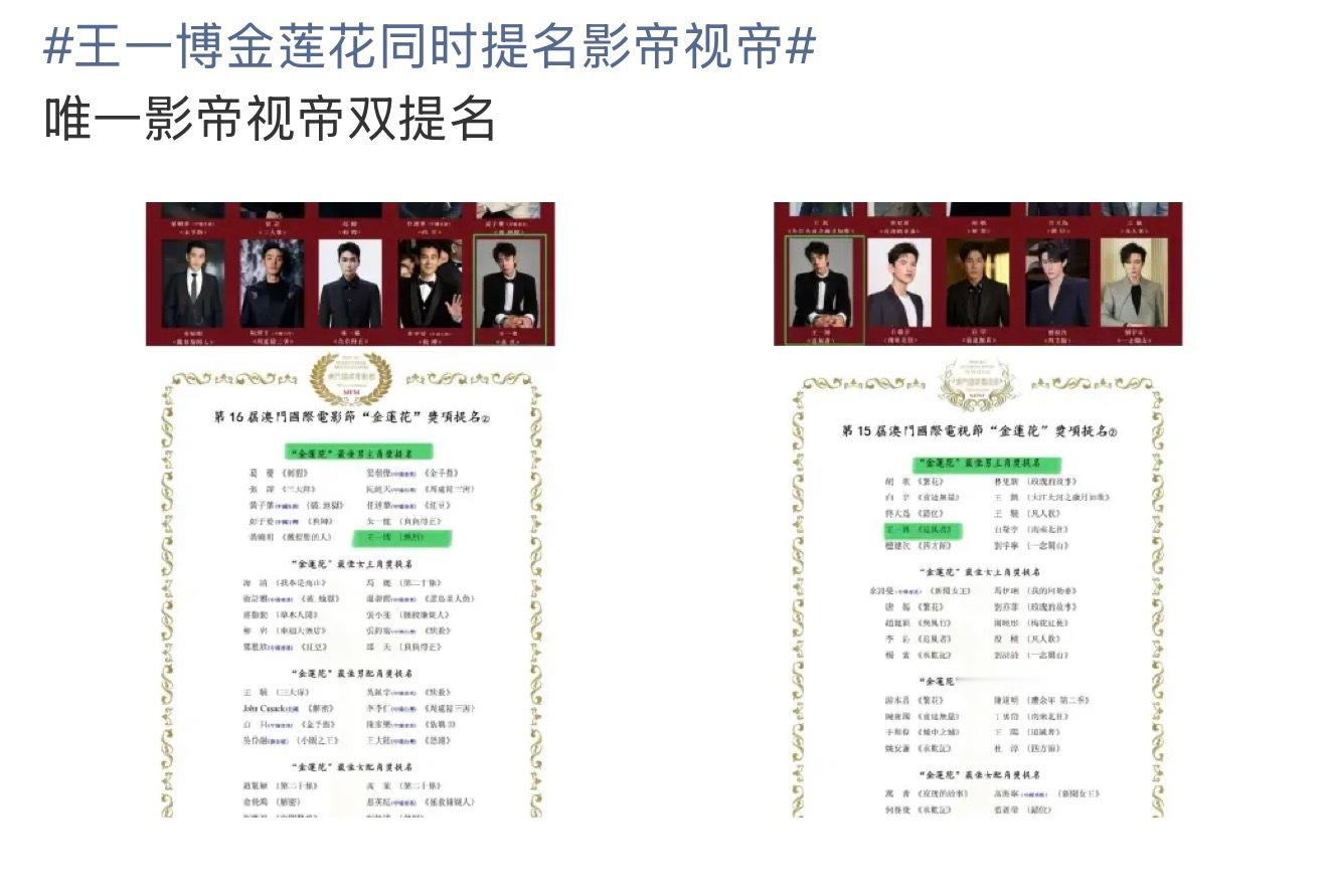 去年今日王一博还提名了金莲花双影帝