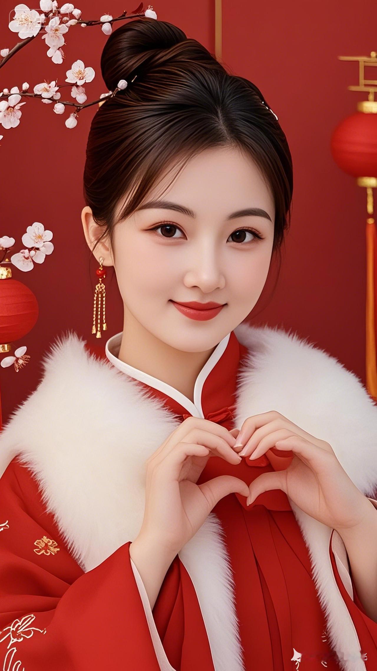 她身穿传统红色汉服，外搭白色毛绒披肩，简单盘发与耳饰，双手比心，微笑自然，小灯笼