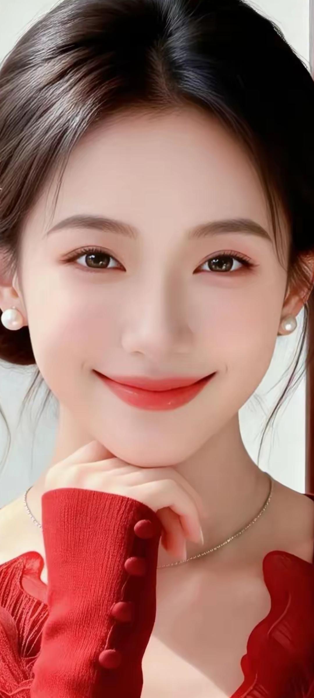 甜美笑容，红衣少女，珍珠耳环，优雅迷人