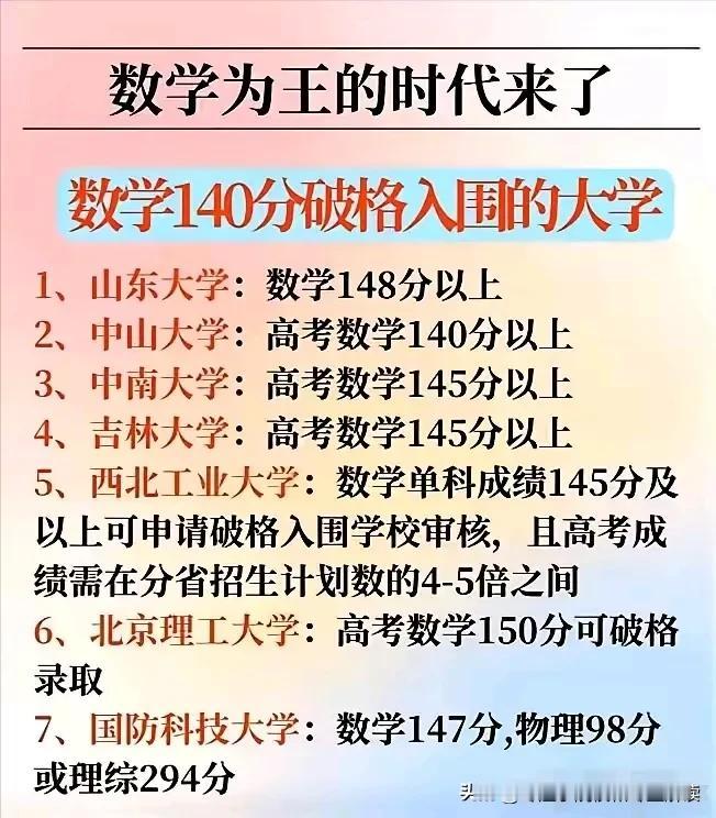 数学为王的时代已经来临数学140分破格入围的大学1、山东大学：数学148