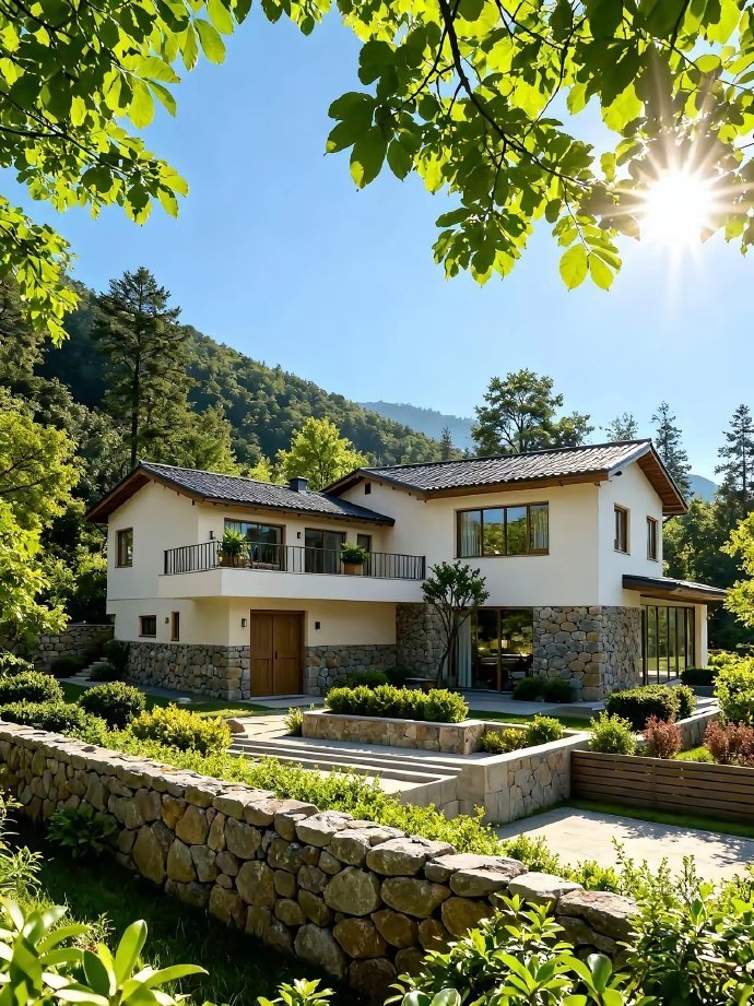 这屋舍，把四季过成了诗：春有繁花绕院，夏光浸檐；秋林燃作霞色，冬雪裹暖​​​