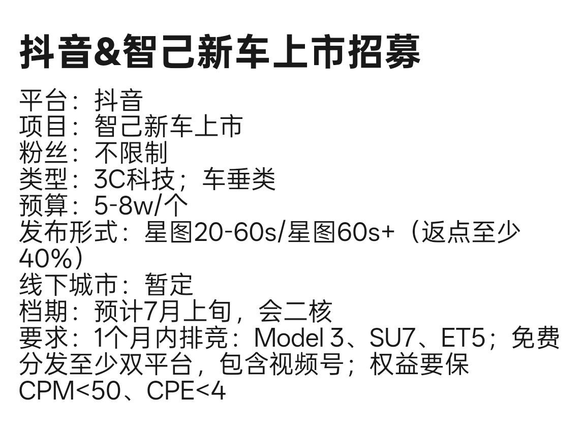 智己新车上市招募抖音博主返点至少40%还需要一个月内没有发过特斯拉Model3
