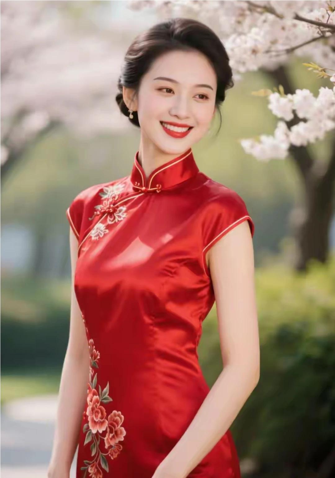 东方佳丽，红色旗袍。丙午马年，增添喜庆。含蓄优雅，自信满满。身姿妙慢，曲线