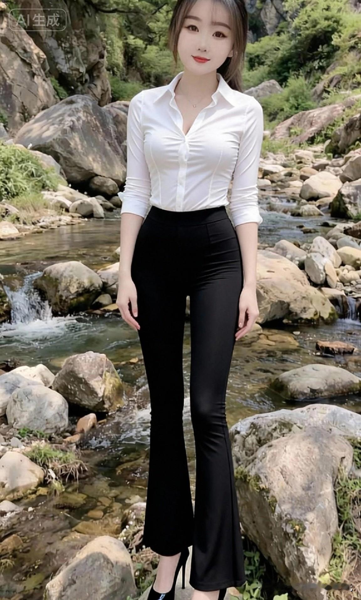 在自然中展现优雅，白色衬衫与黑色长裤的完美搭配，尽显都市女性魅力。🌿👗👠