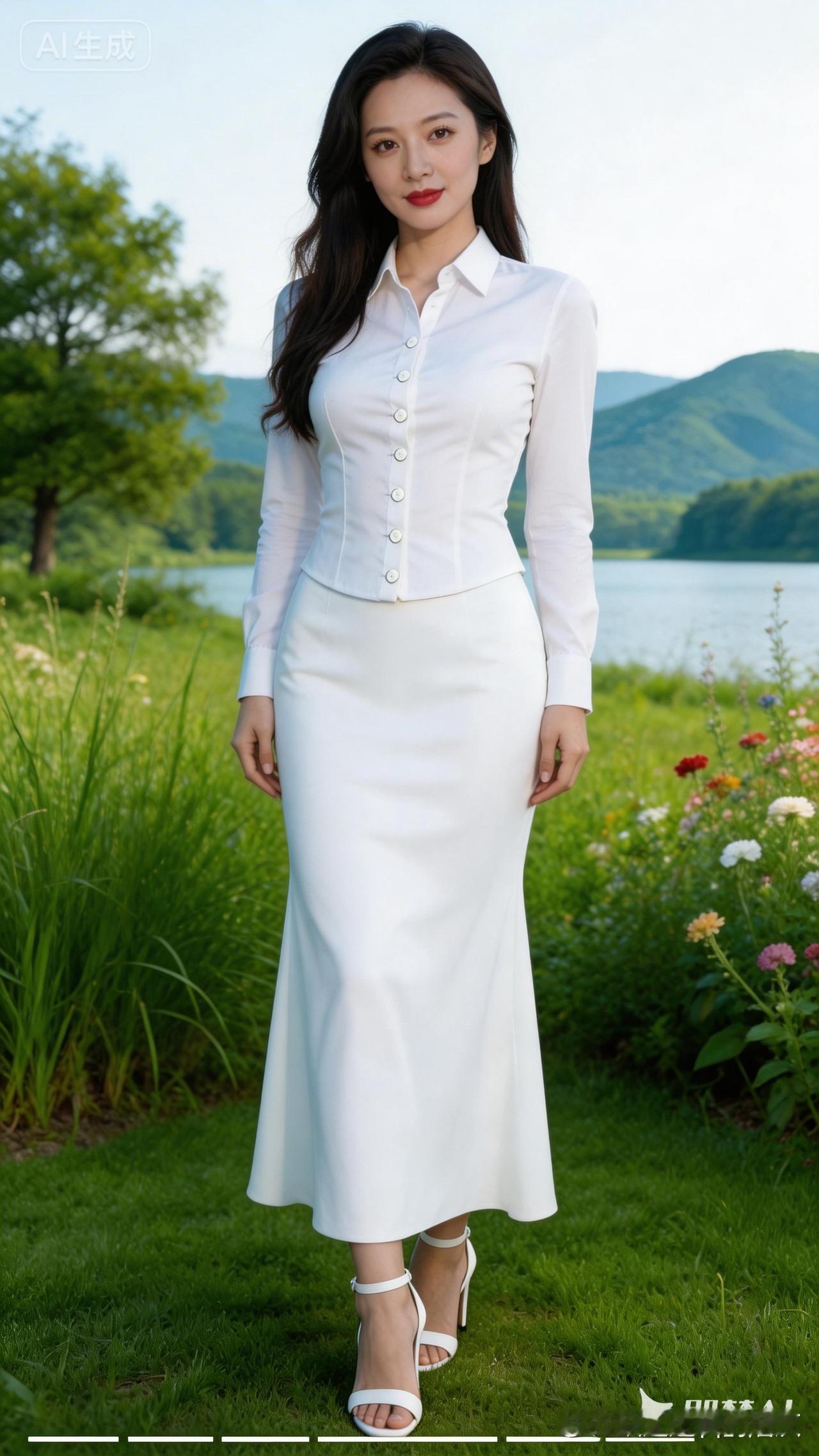 优雅白裙，自然湖畔，清新自然，美不胜收！