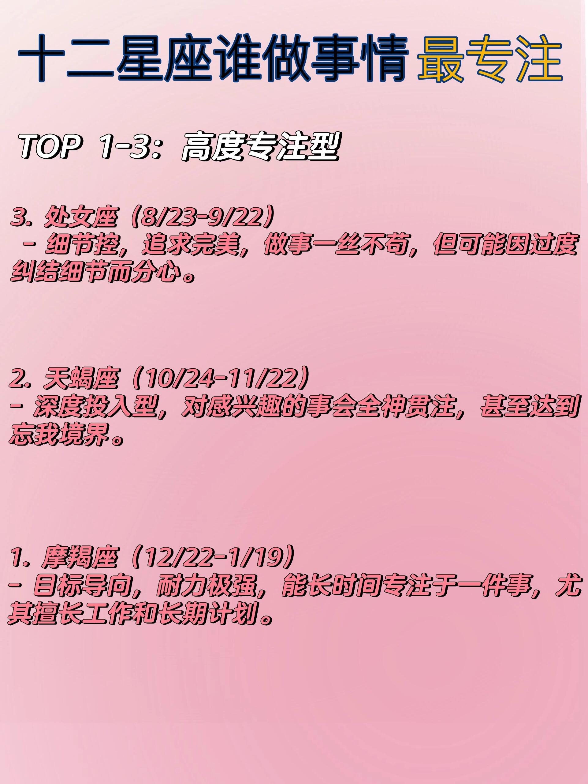 星座十二星座十二星座谁做事情最专注呢？TOP1-3：高度专注型1.摩羯座♑