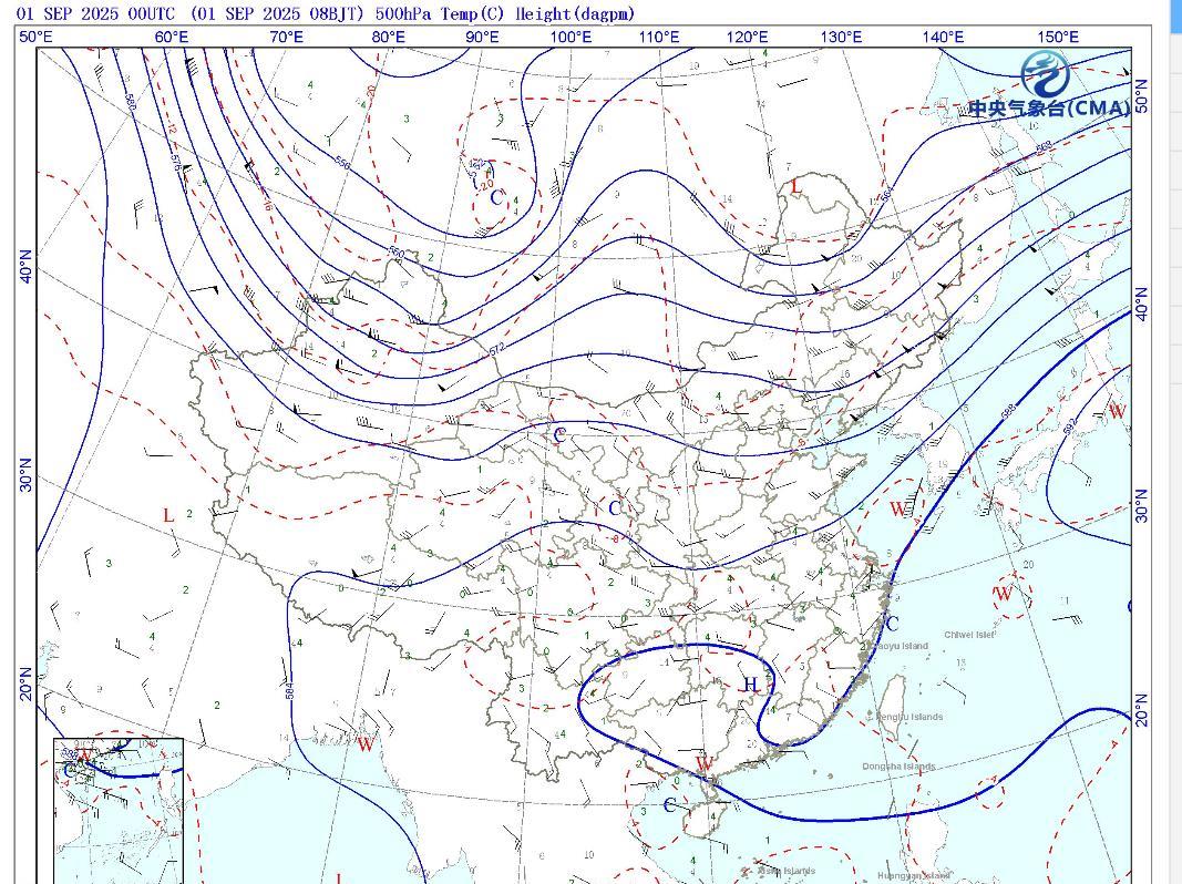 从今天的500百帕天气图实况来看，今天副热带高压的确南退非常明显，今天副热带高