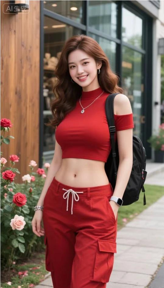 二八佳人，婷婷玉立。一袭红装，红红火火。浅笑嫣然，姹紫嫣红。花容月貌，梨花