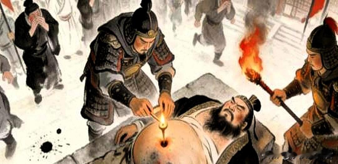 董卓被吕布杀死后，尸身被拖至长安阳人聚示众。他体态极肥，死后腹脂连燃多日。“