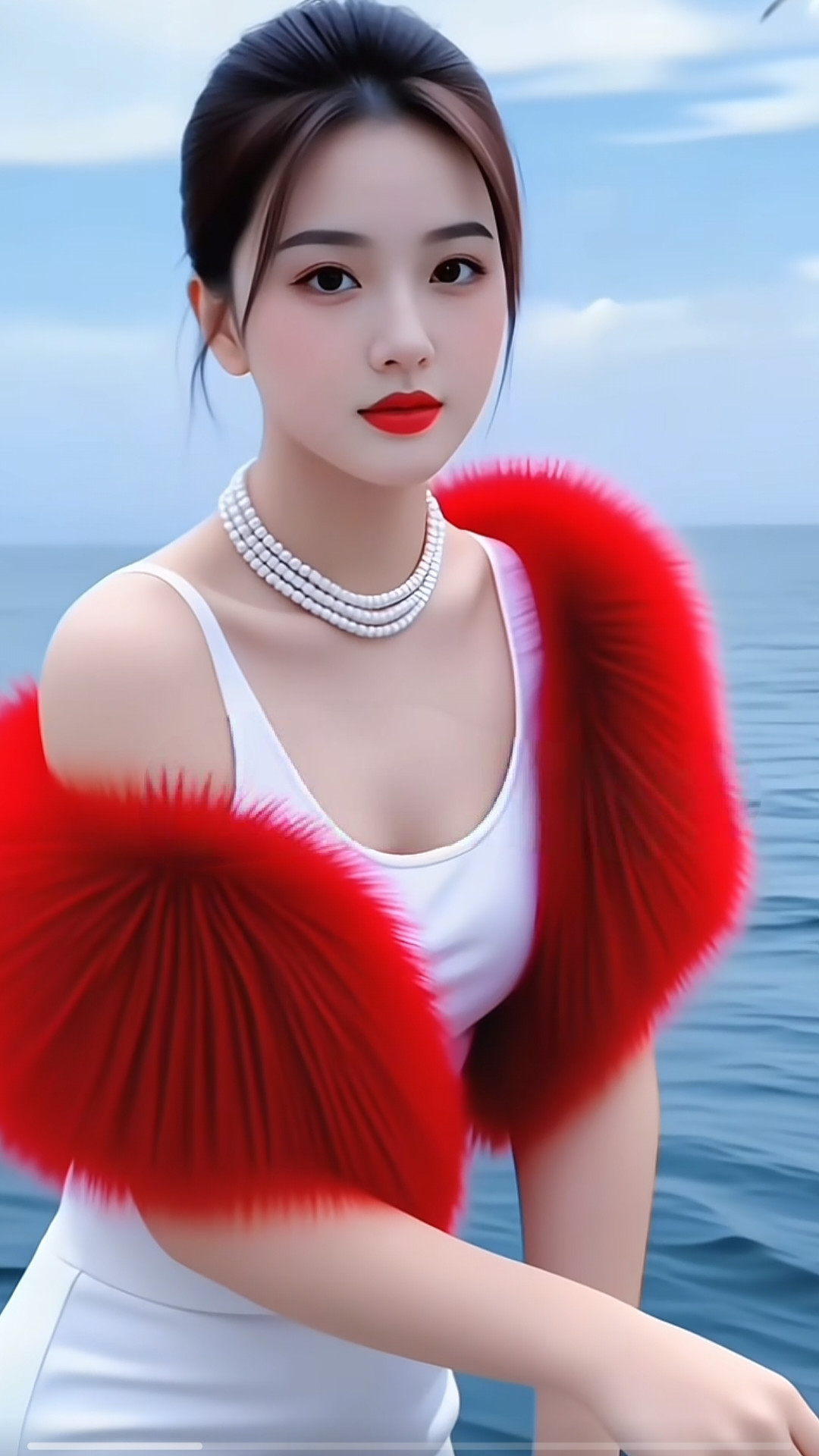 这组海边大片绝了！白裙配红披肩，珍珠项链一戴，在碧海蓝天的衬托下，又美...