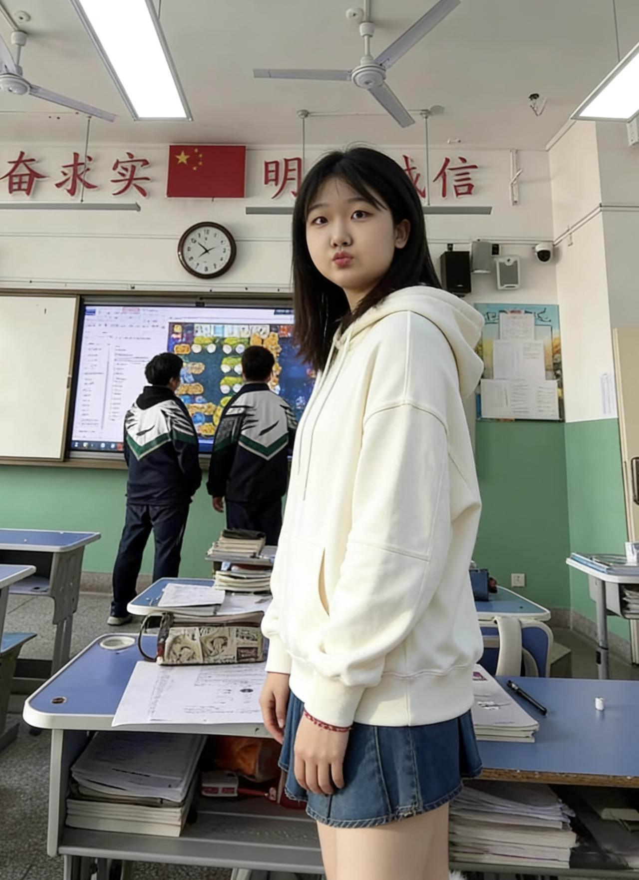 课桌上堆着试卷与课本油墨香混着粉笔的涩少女立在其间白卫衣是青春的底色牛仔