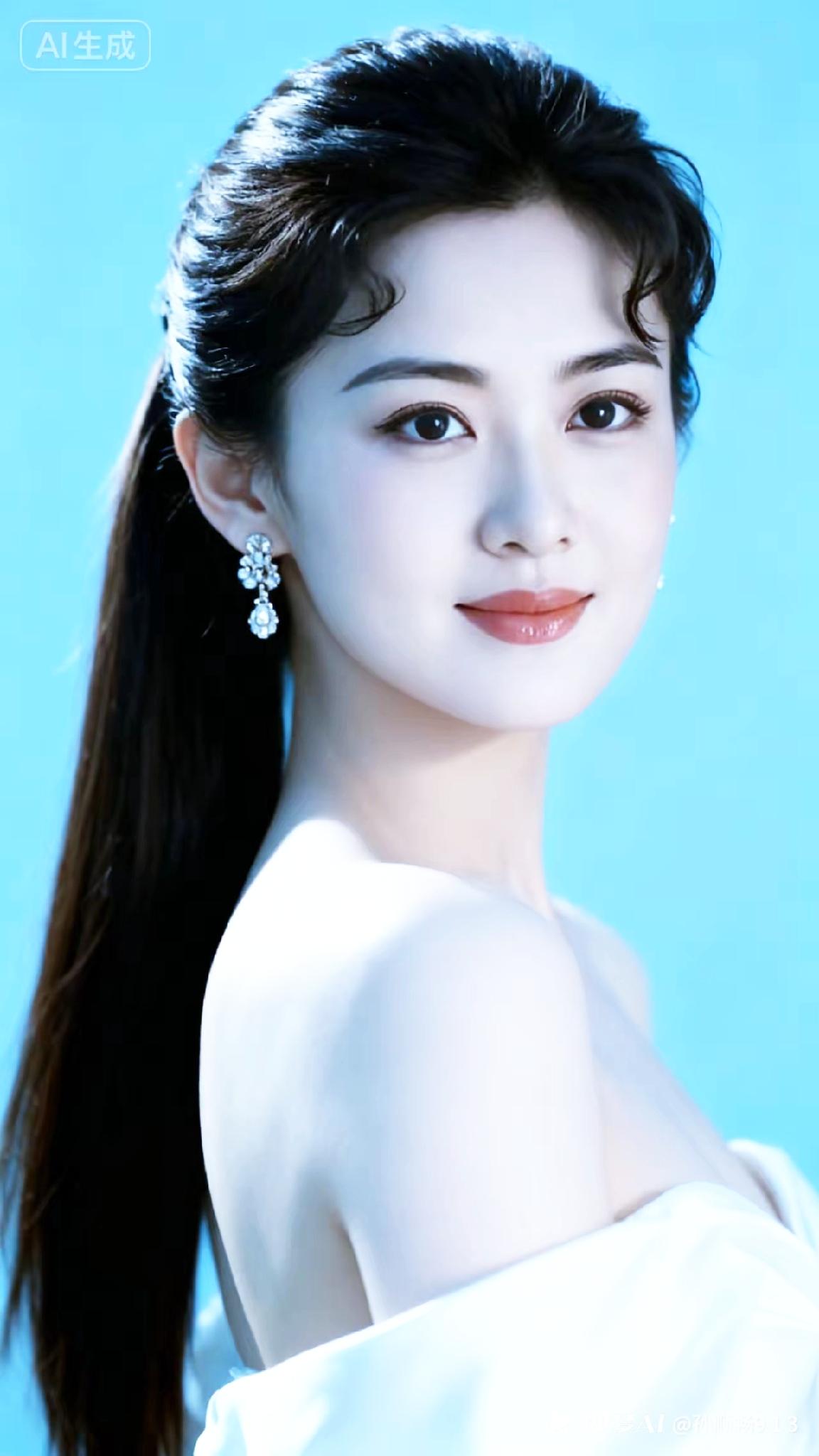 优雅黑发，闪亮耳环，清新蓝背景，完美女神！💖✨