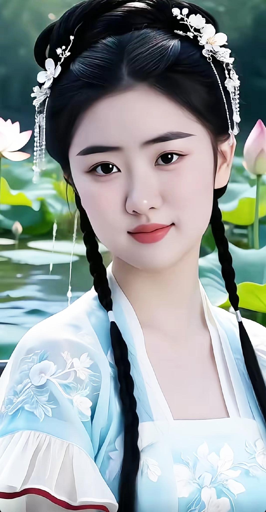 古风少女，莲花相伴，静谧如画。