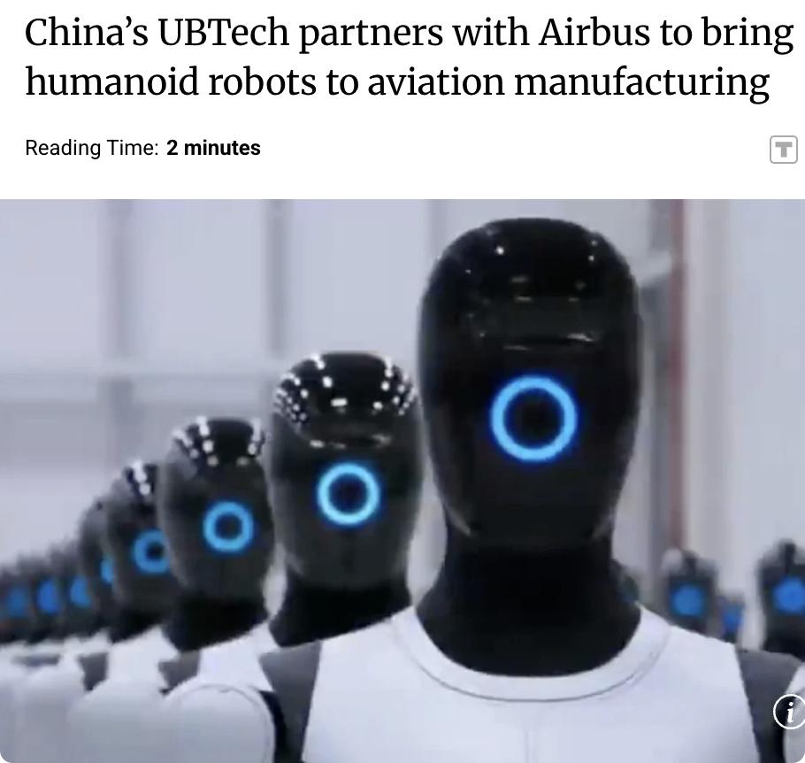 外媒：中国机器人公司优必选（UBTech）与欧洲航空巨头空客达成协议，将为航空制