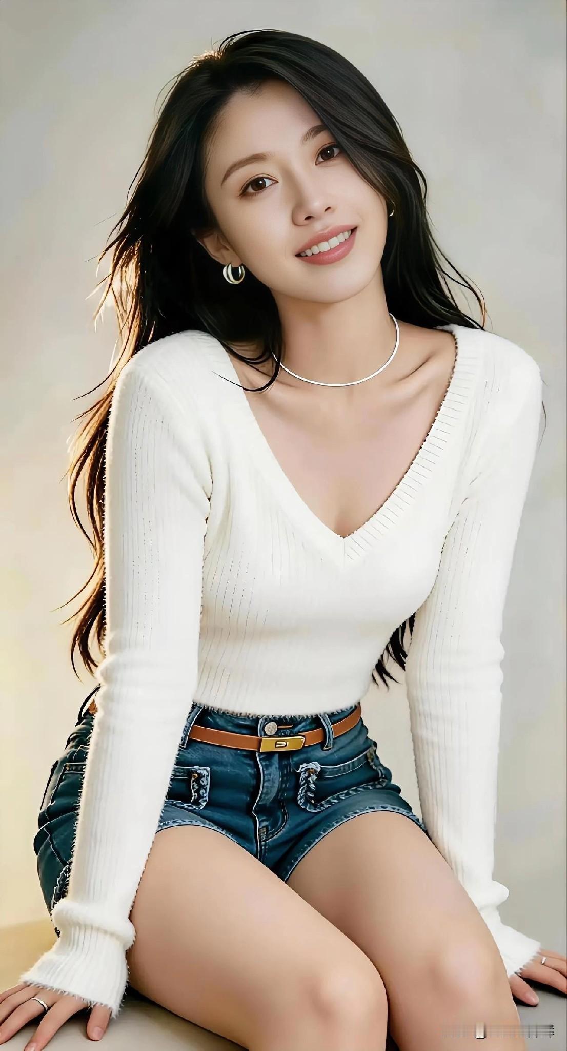 白衫胜雪，她坐成春日的诗。V领盛着柔光，针织裹住温婉。牛仔短裤裁出活力，