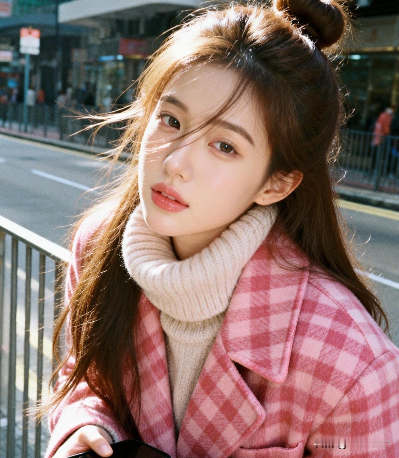 粉衣美人倚栏杆，春风拂面笑语间。