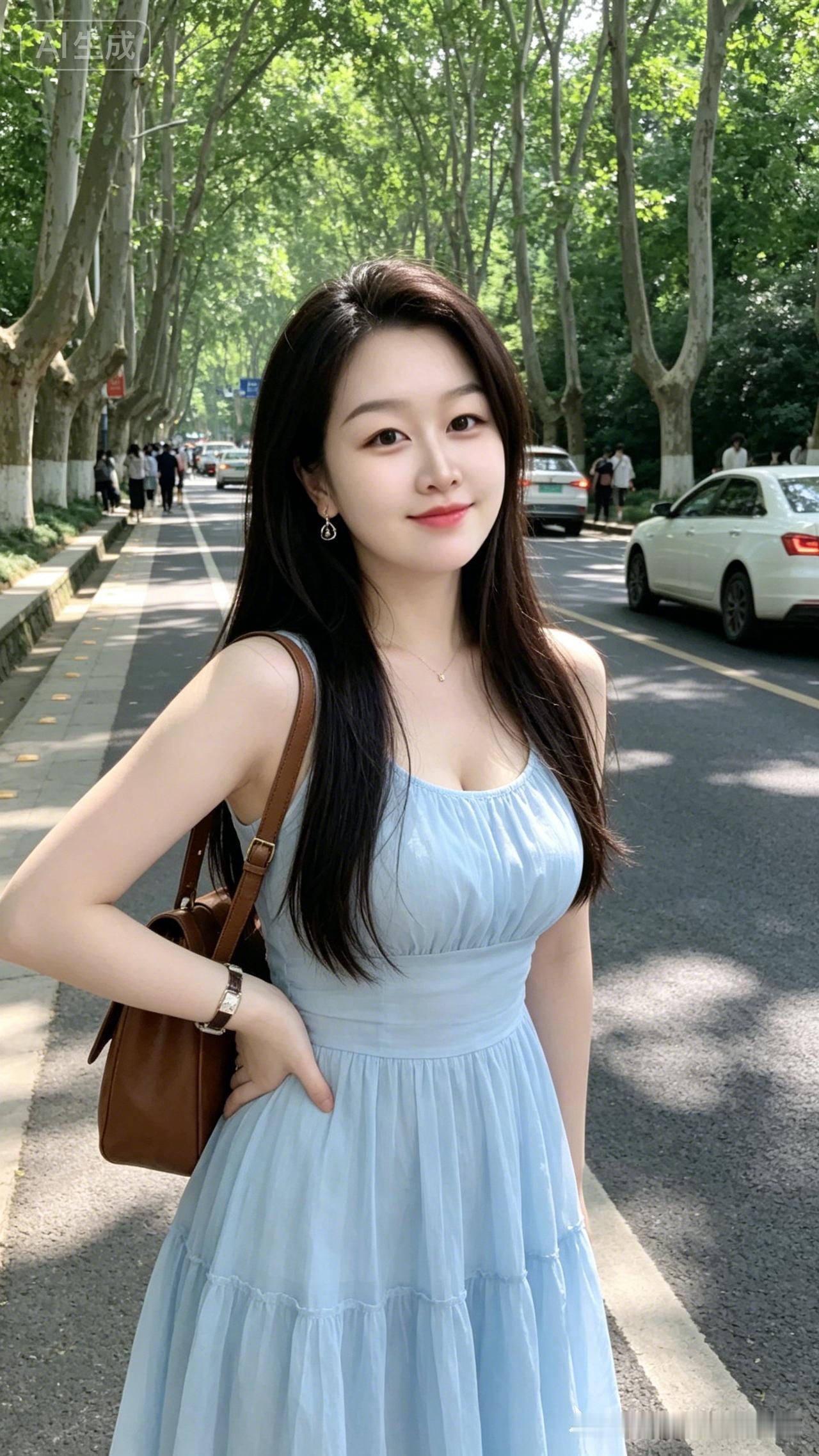 浅蓝色连衣裙，清新自然，搭配棕色包包，优雅出街！🌞👗👜