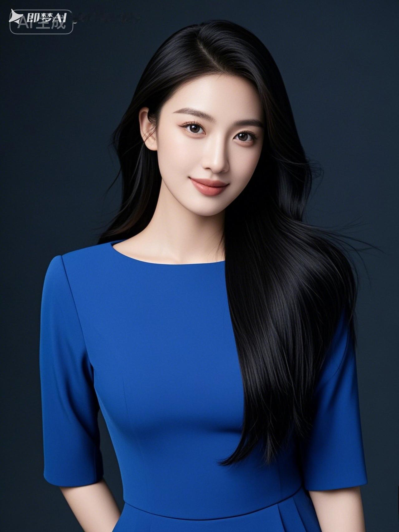 她端然静立，七分身的构图尽展典雅，墨发垂肩，肤光胜雪，容颜清丽绝俗，气质在高贵与