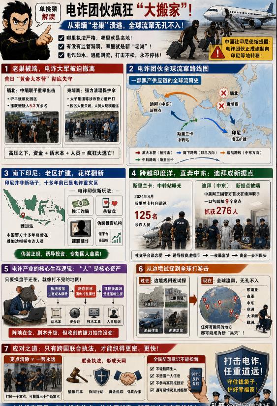 最近电诈团伙正在疯狂"大搬家"。中国驻印尼使馆刚发了提醒，越来越多原本盘踞在柬