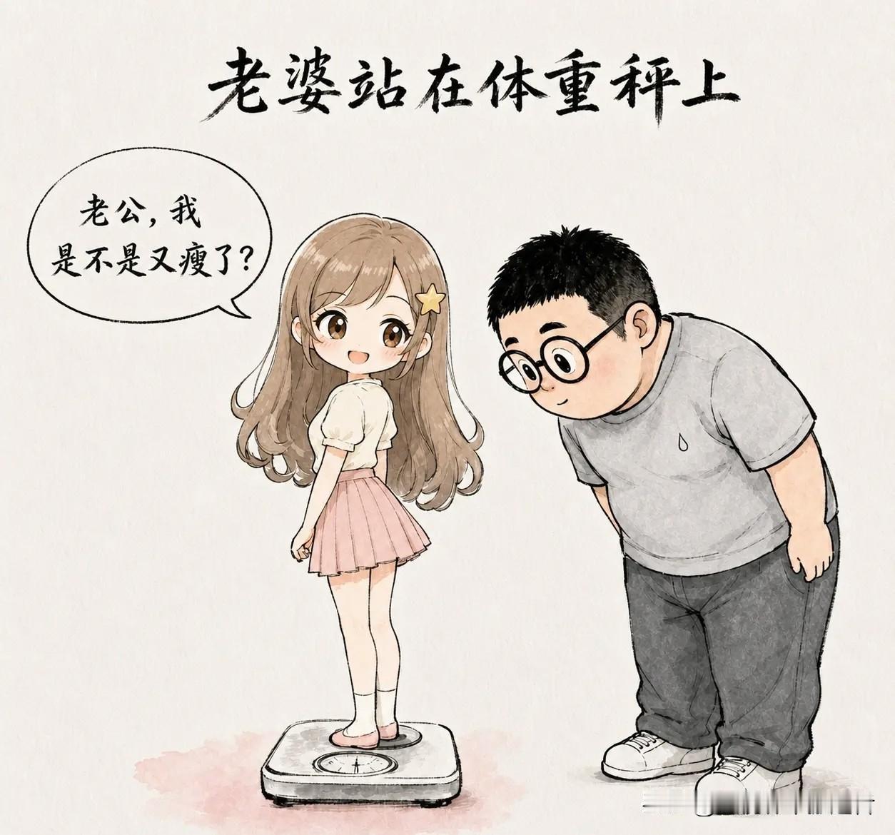 趣味漫画分享：老婆站在体重秤上，回头问我：「老公，我是不是又瘦了？」我凑过去一看