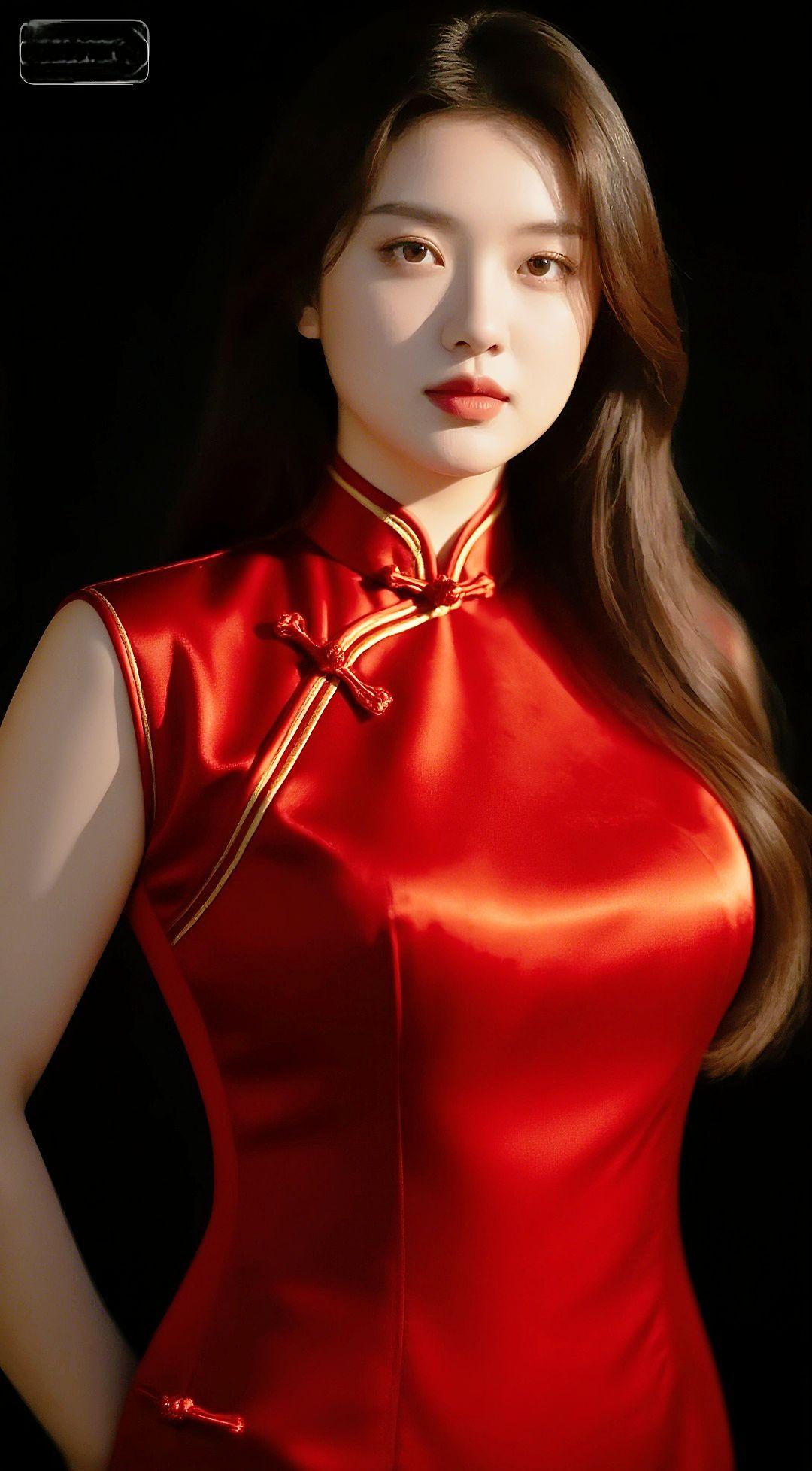红缎旗袍的氛围感，是刻在骨子里的东方美！红缎裹身的瞬间，国风美就有了具象的模样。