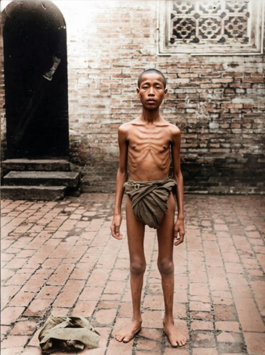 清末，一个极度消瘦的男孩。他站在青砖庭院里，身上仅用一块破布遮体，赤着双脚，体型