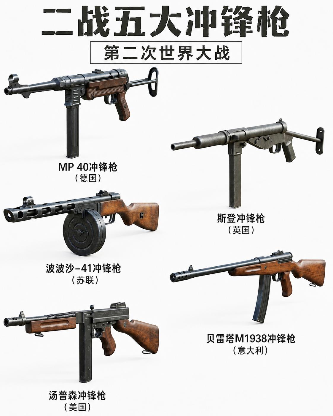一张图看懂二战五大主力冲锋枪，它们分别代表了五个国家的战术思路和工业水平👇