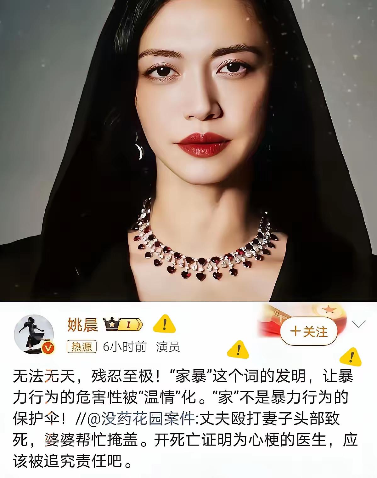 闹大了！姚晨为河北家暴命案公开呛声，直接戳破“家暴”这词儿给人戴的温情的帽