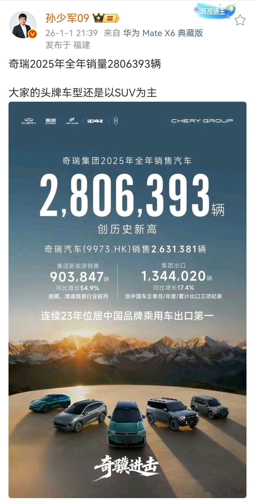 孙少军：奇瑞2025年全年销量2806393辆！创历史销量新高！奇瑞集团28