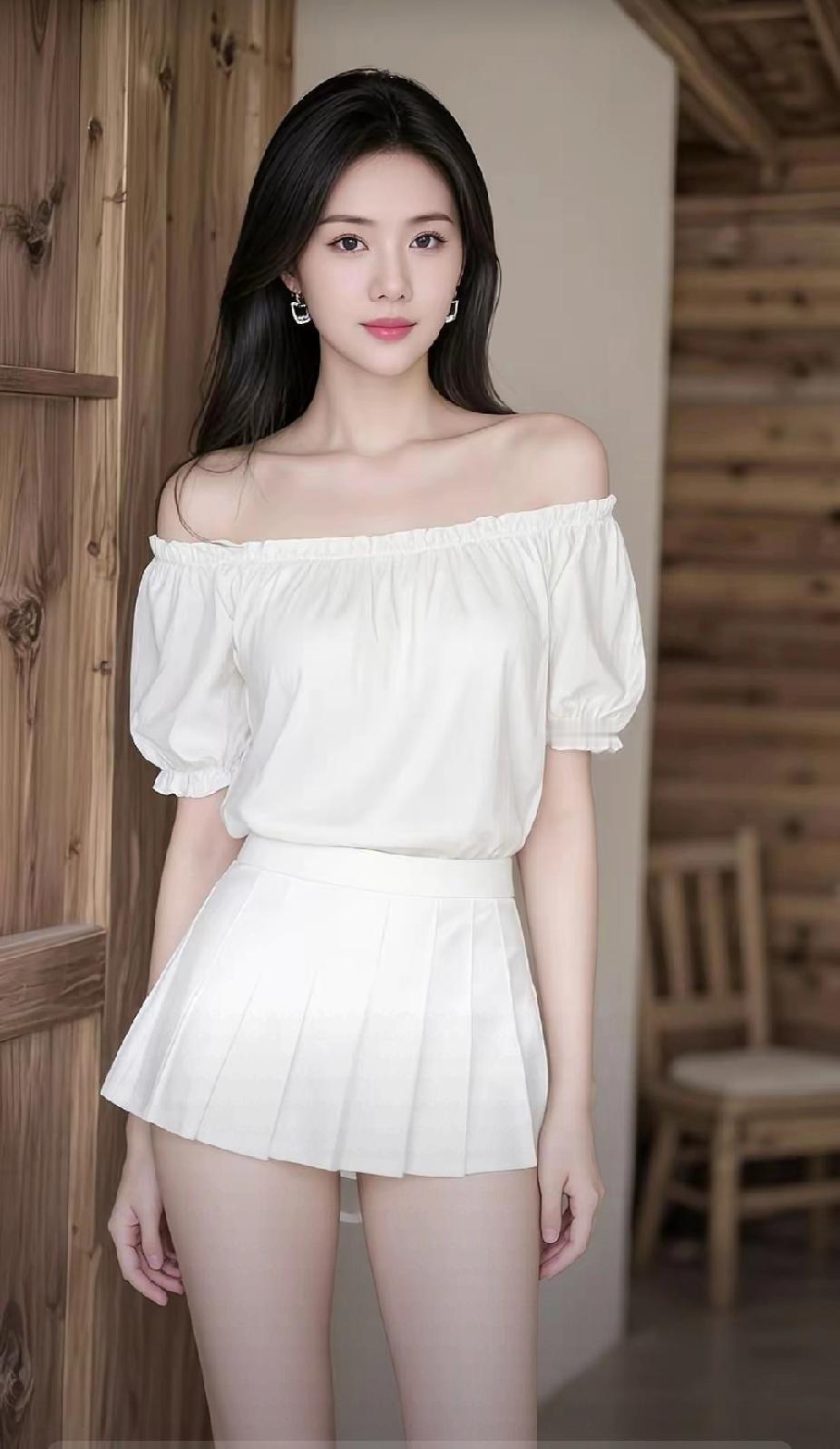 甜美少女风，白色露肩上衣搭配短裙，清新自然！