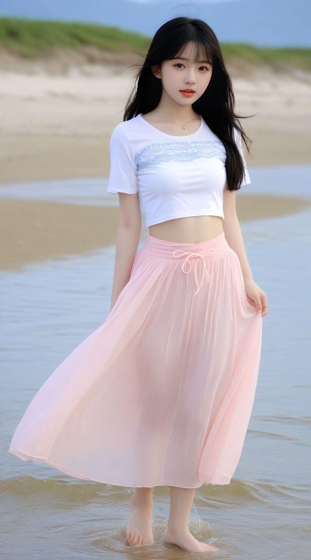 海边少女，轻盈飘逸的裙摆，阳光下的甜美笑容。