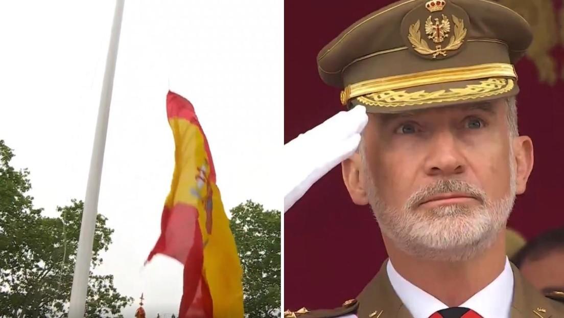 【西班牙武装部队日阅兵式上，国旗竟当着国王的面从旗杆上滑落】5月30日，在西班牙