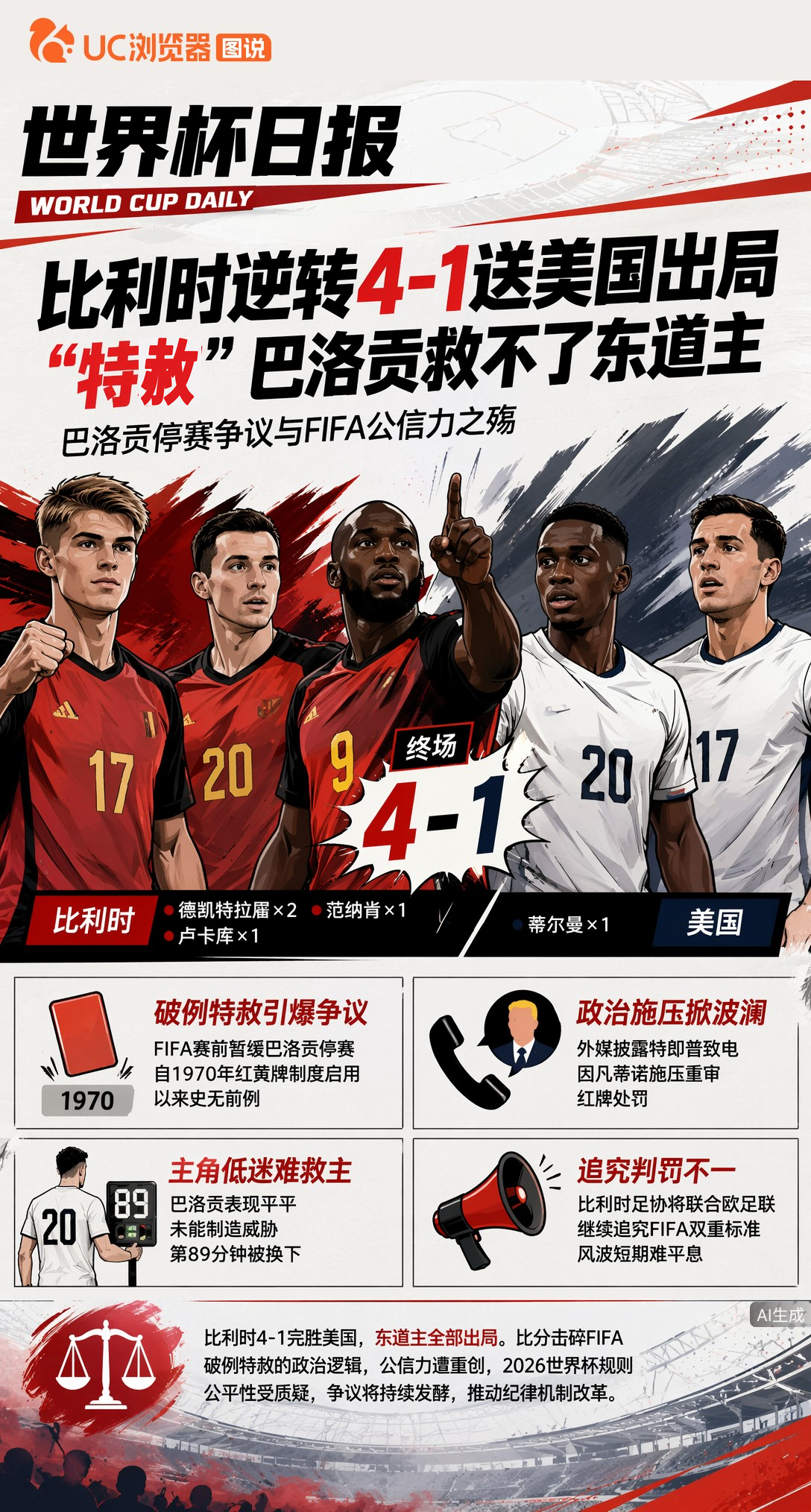比利时逆转4-1送美国出局，"特赦"巴洛贡救不了东道主